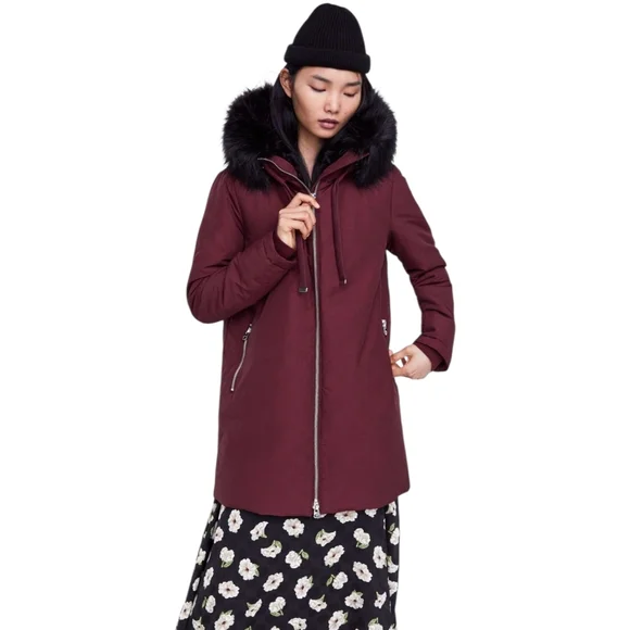 Zara Parka Acolchada Water Repellent Winter Coat Faux Fur Hooded Women’s Small - Picture 16 of 16
